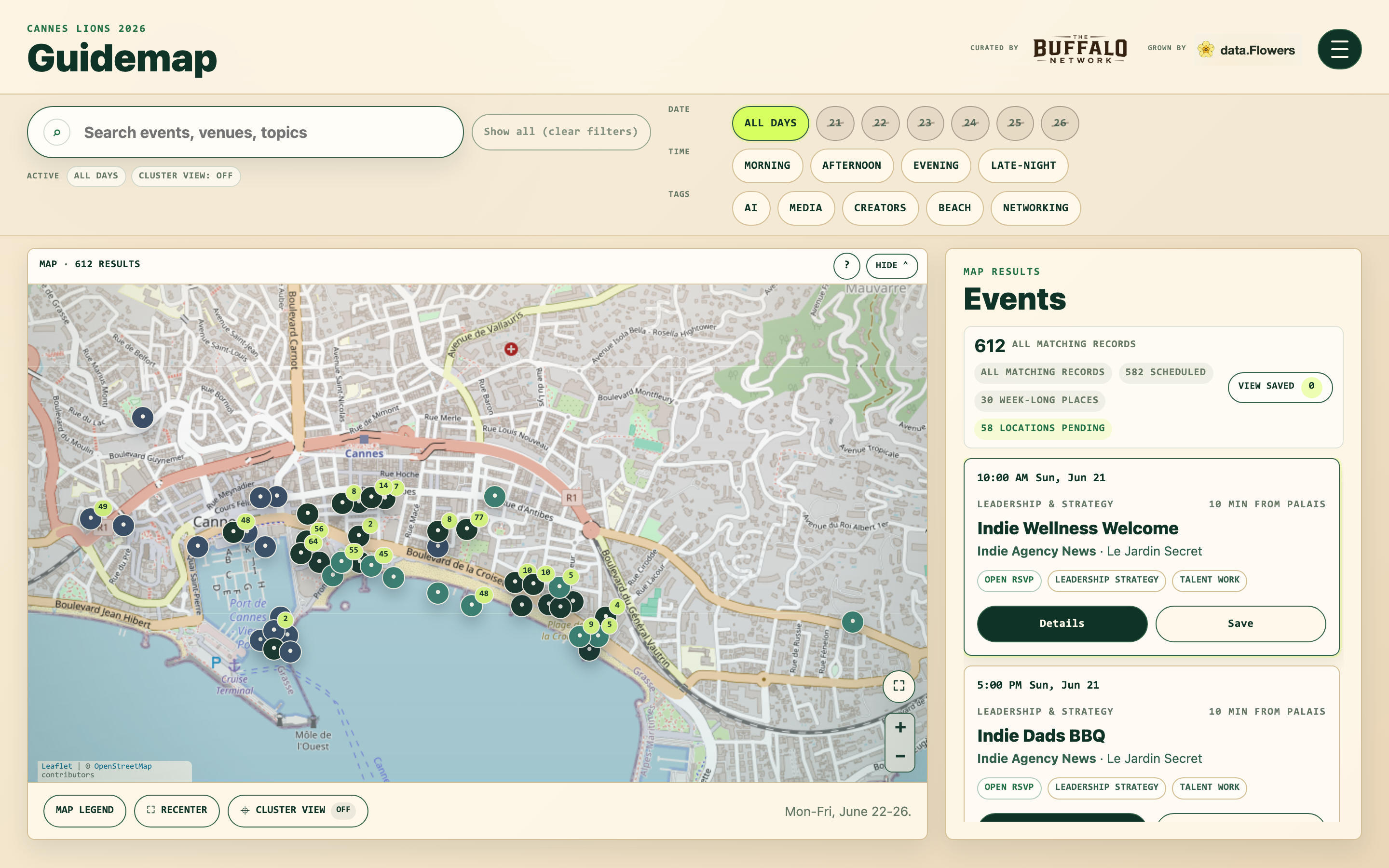 The Cannes Lions guidemap: 612 events plotted across Cannes, with filters for day, time of day, and theme, and a scrollable list of matching events beside the map.