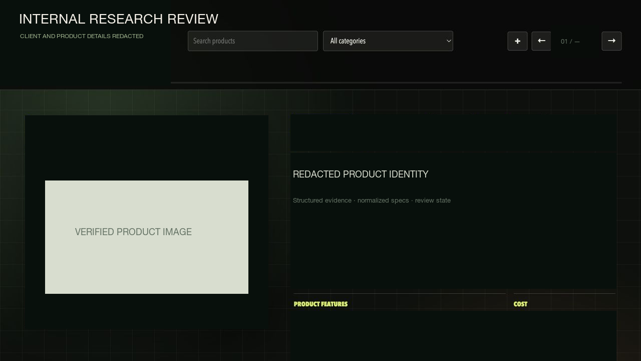 An internal research review screen showing one product as a structured record: verified image, identity, normalized specifications, structured evidence, and review state.